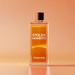 a long square bottle 50 ml Stolen Moments written on it and brand name written below ittaricious in Orange colour schema